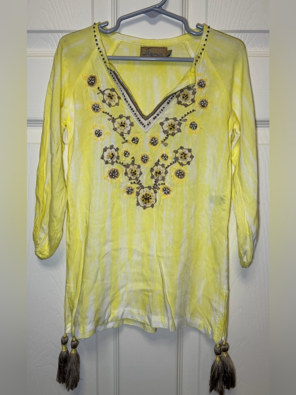 Skemo Yellow Embellished V-Neck Tunic with Tassels